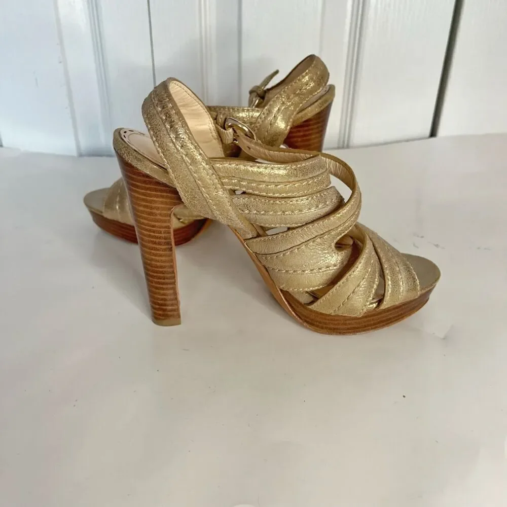 Coach Brynne Leather Metallic Gladiator Strappy Stiletto Wood Slingback Sandals